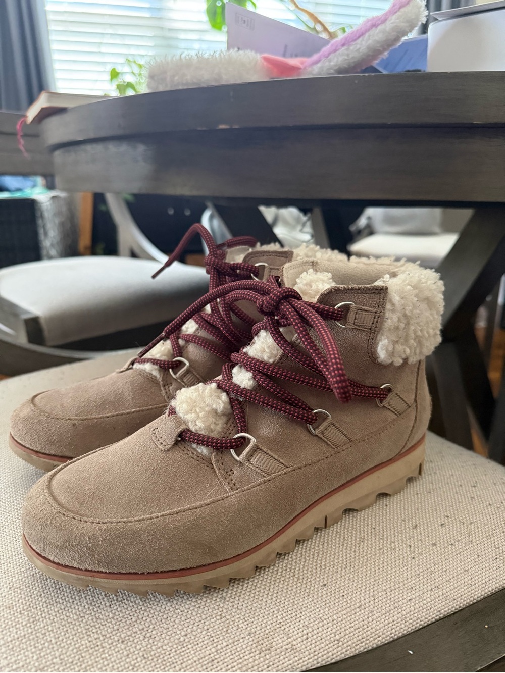 Sorel Taupe Suede Sherpa-Lined Ankle Boots with Burgundy Laces
